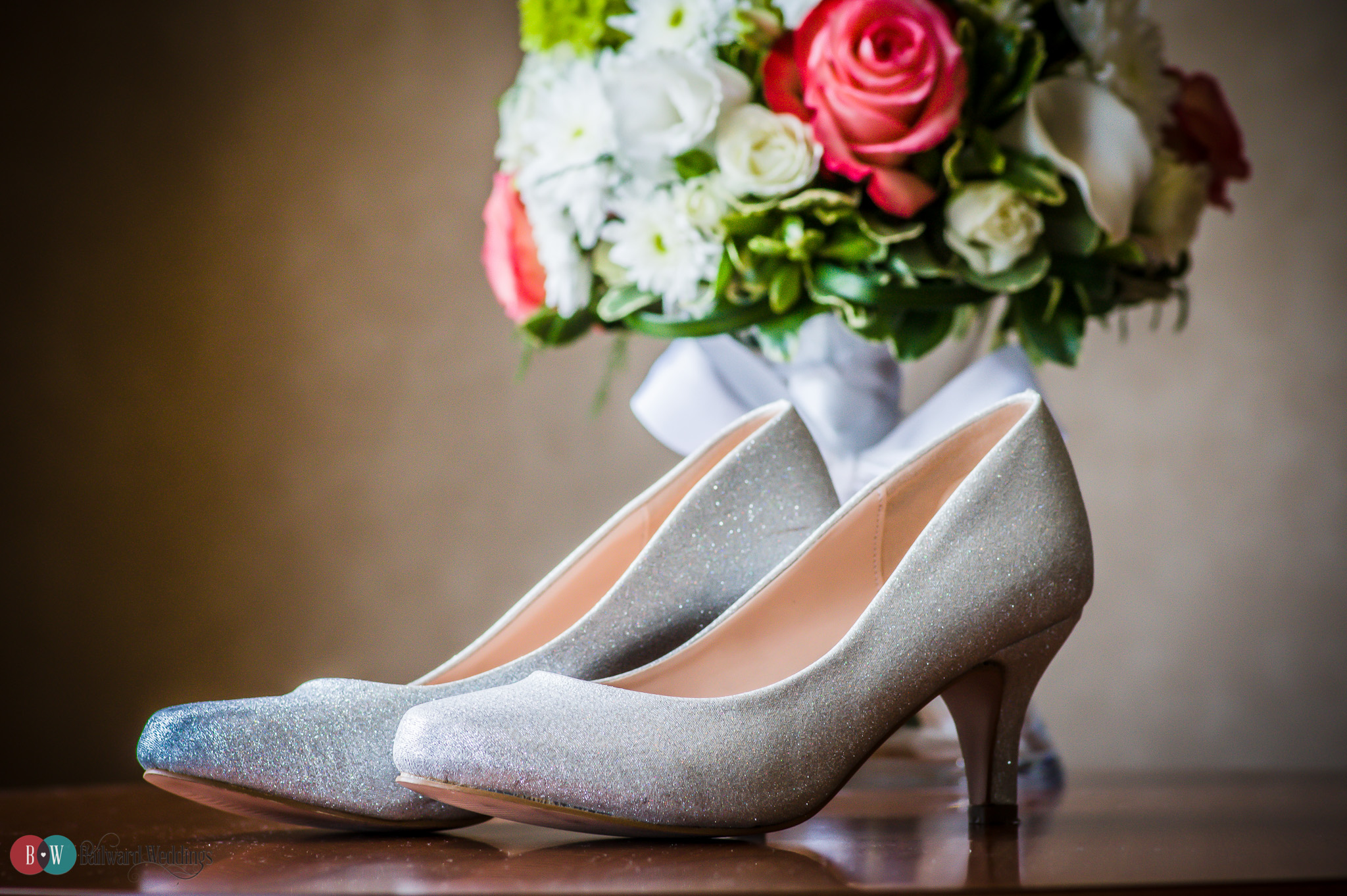 Wedding high heels in front of wedding bouquet in Harrison Hot Springs